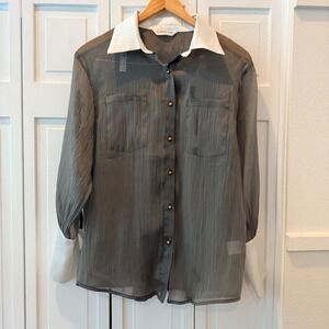 Academia Gray Sheer Crinkle Button Down Blouse White Contrast Collar Cuffs Small